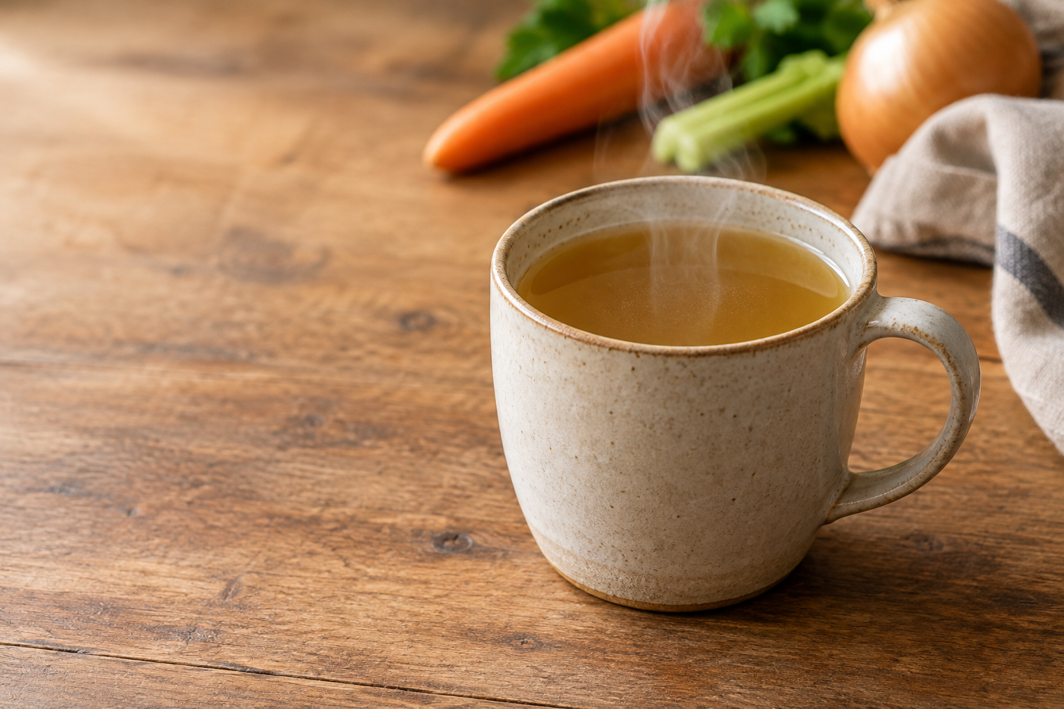 A mug of dr gus beef and vegetable bone broth