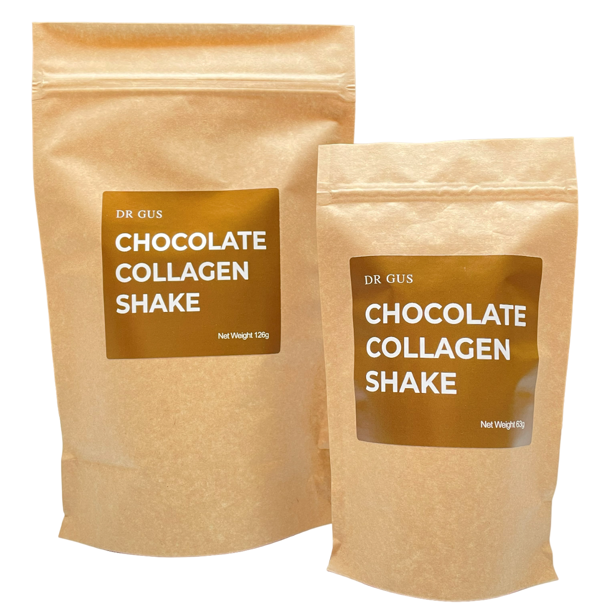 dr gus chocolate collagen shake both pouches