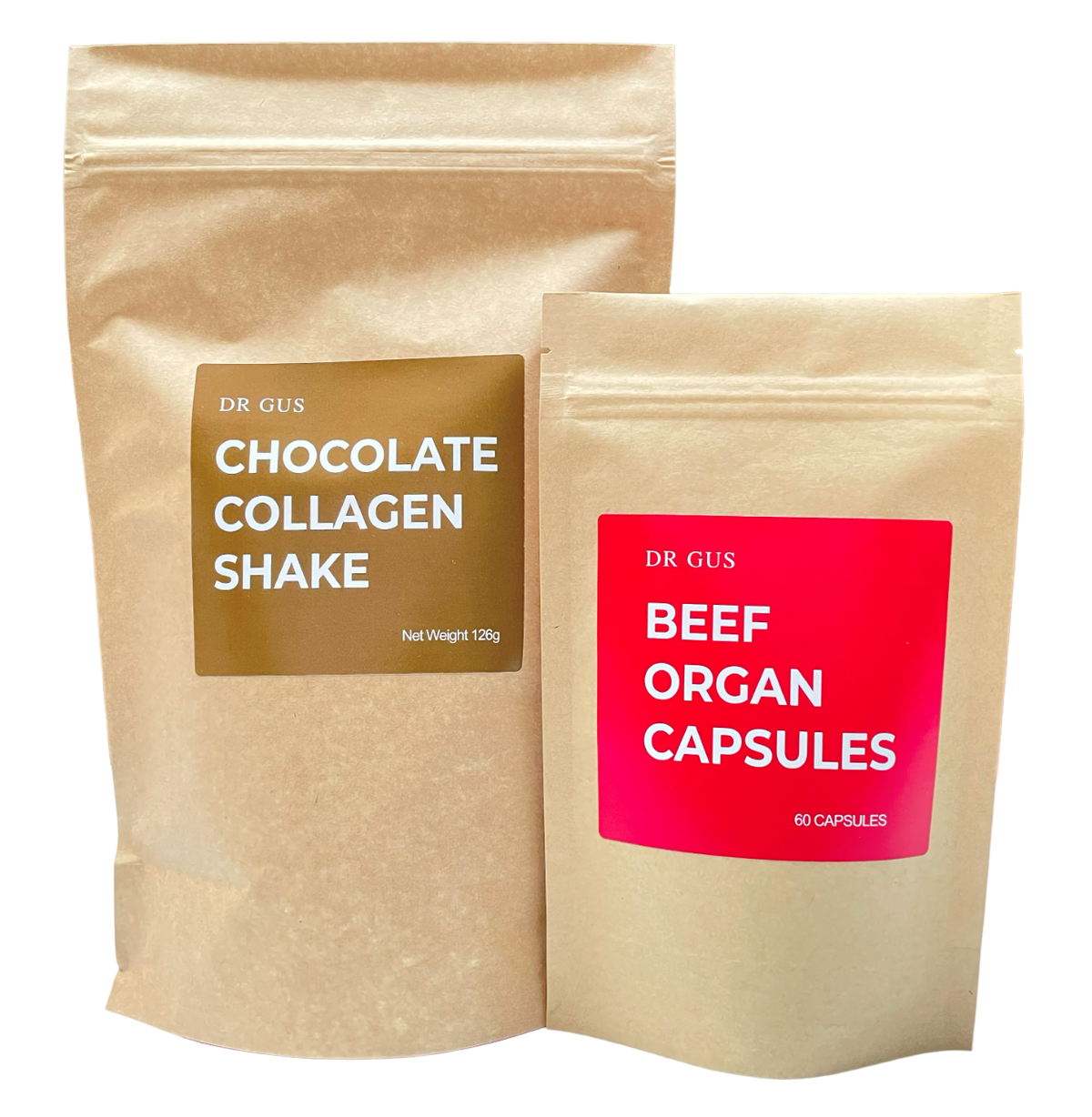 dr gus cardio health bundle including chocolate collagen shake and beef organ capsules