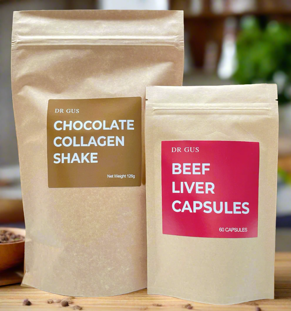  dr gus detox bundle including chocolate collagen shake and beef liver capsules