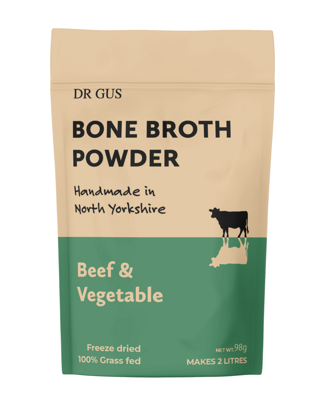 DR GUS nutrition grass-fed beef and vegetable bone broth powder 98g pouch - handmade in North Yorkshire