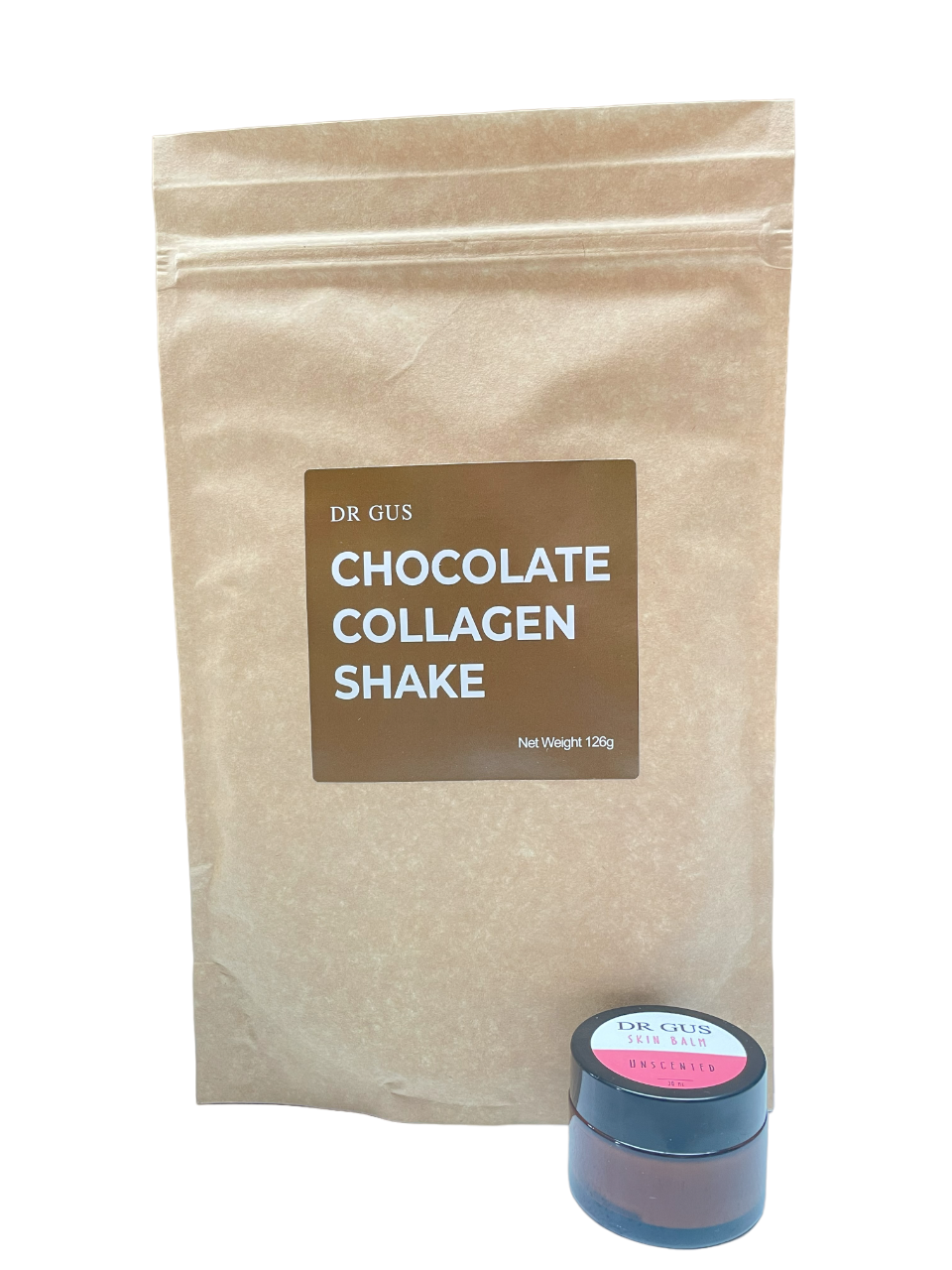 Perfect Skin Bundle Dr Gus Nutrition chocolate collagen shake and unscented balm