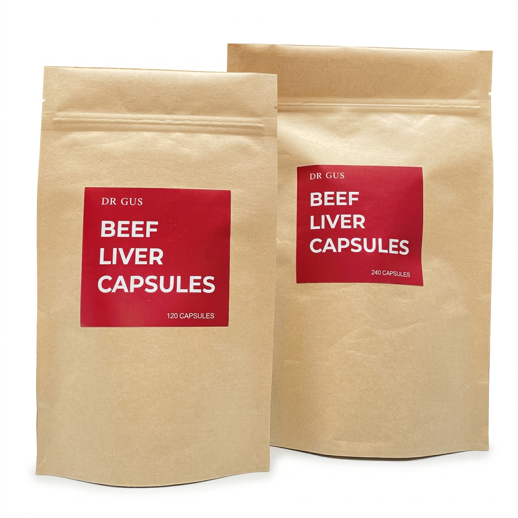 DR GUS nutrition beef liver capsule pouches in 120- and 240-capsule sizes