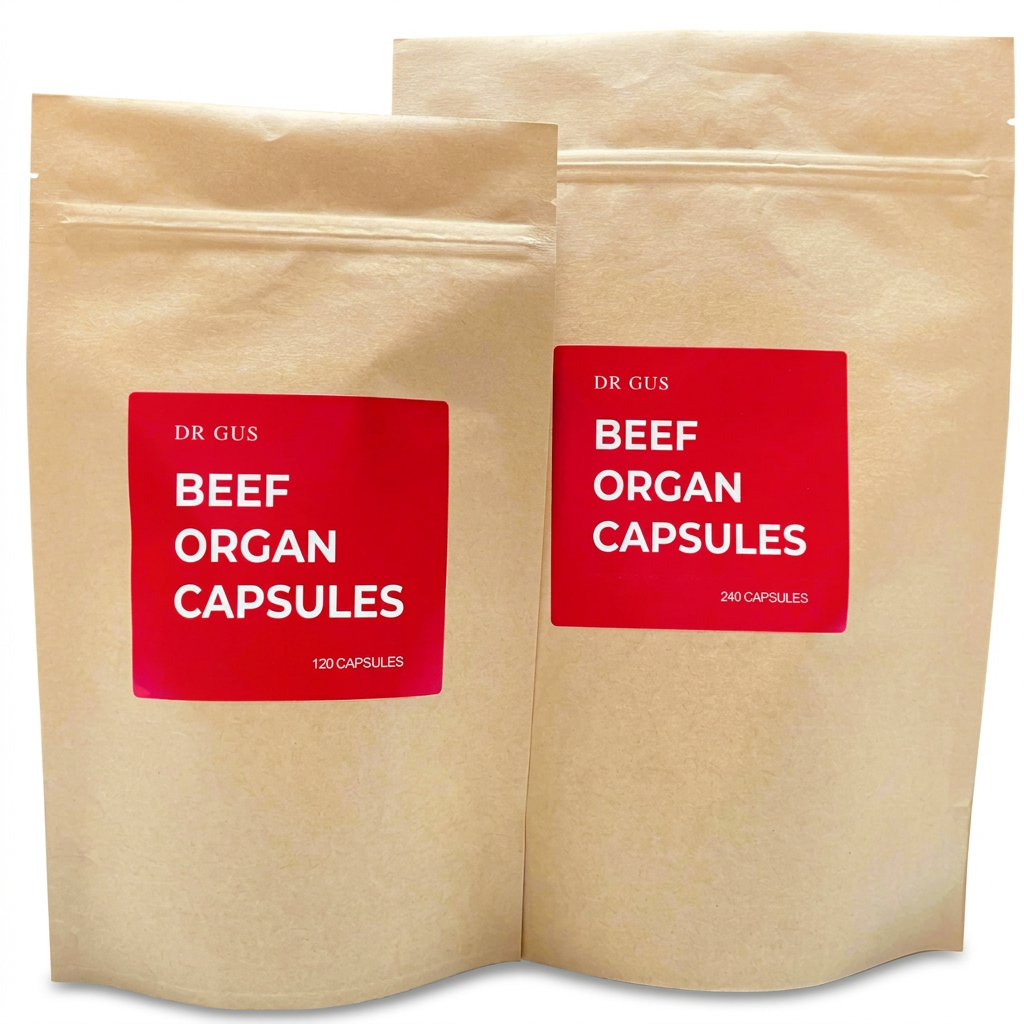 DR GUS nutrition beef organ capsule pouches in 120- and 240-capsule sizes