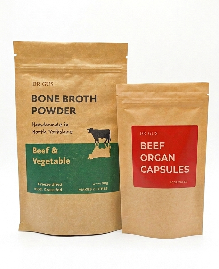 dr gus beef and vegetable bone broth and 60 beef organ capsules