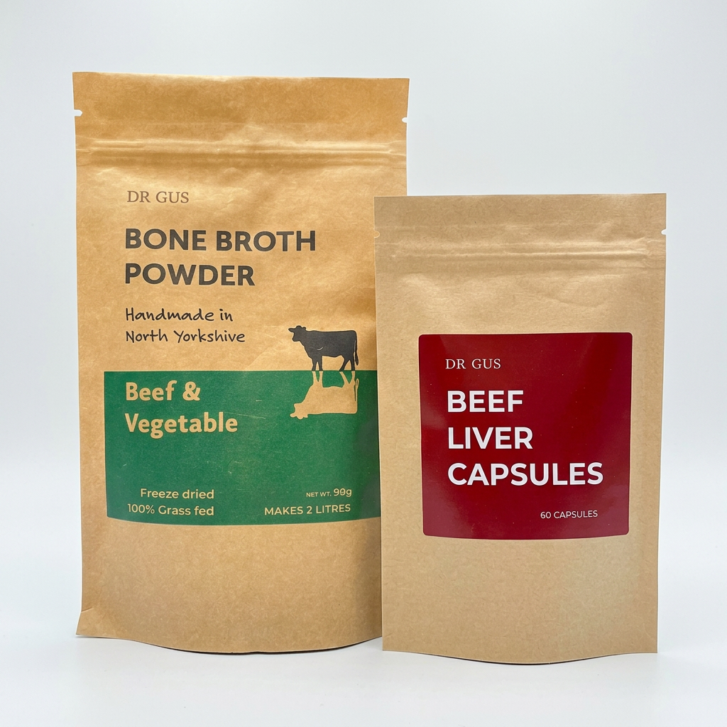 dr gus beef and vegetable bone broth and 60 beef liver capsules 