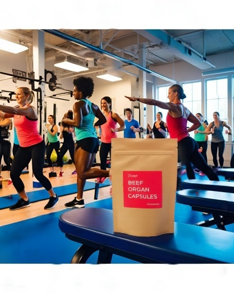 a pouch of DR GUS beef organ capsules being used at the gym