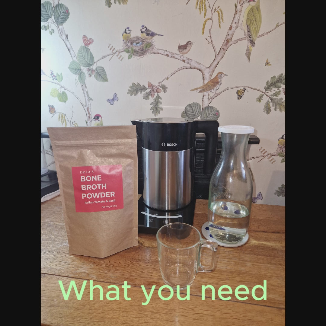 video showing how to make DR GUS italian tomato and basil bone broth powder.