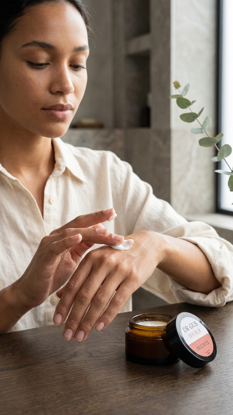 woman applying dr gus unscented tallow balm to her hands